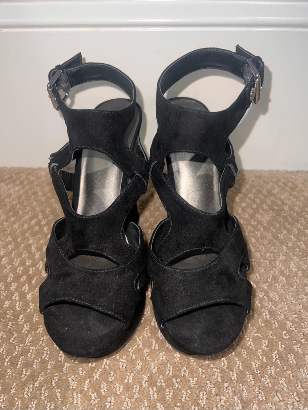 G by Guess Black Suede Strappy Ankle-Heel Wedges
